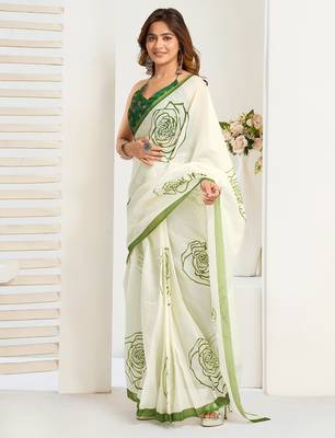 Green digital printed linen ready to wear designer saree with unstitched blouse 3