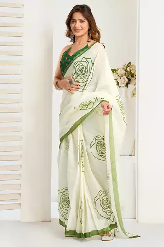Green digital printed linen ready to wear designer saree with unstitched blouse