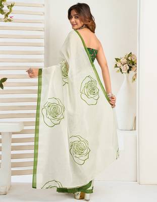 Green digital printed linen ready to wear designer saree with unstitched blouse 4