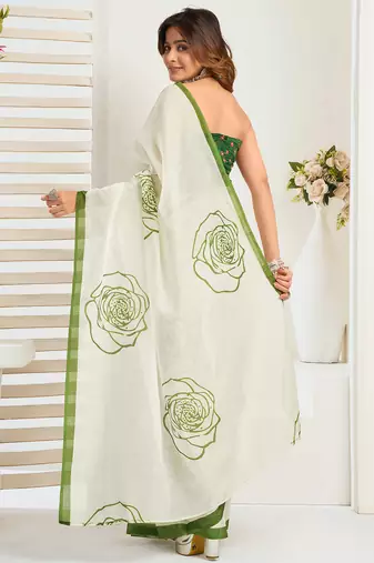 Green digital printed linen ready to wear designer saree with unstitched blouse