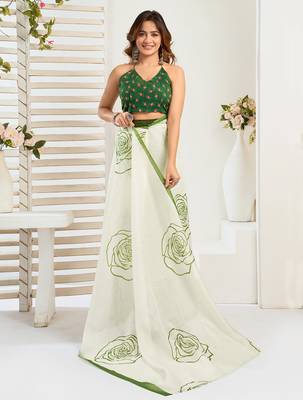 Green digital printed linen ready to wear designer saree with unstitched blouse 5