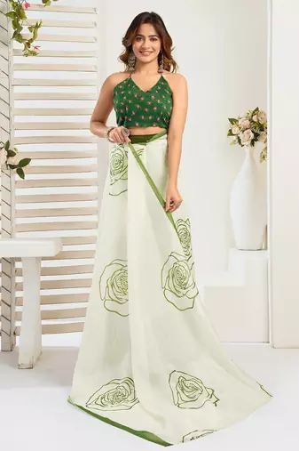 Green digital printed linen ready to wear designer saree with unstitched blouse
