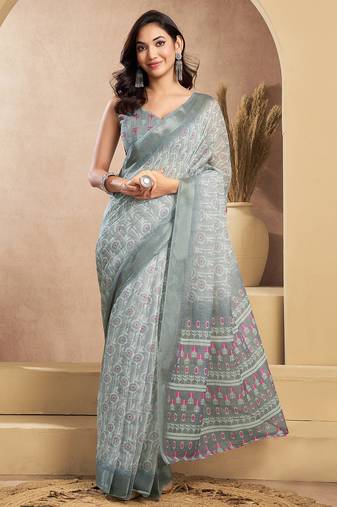 Grey digital printed linen ready to wear designer saree with unstitched blouse