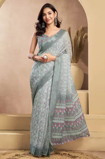 Grey digital printed linen ready to wear designer saree with unstitched blouse