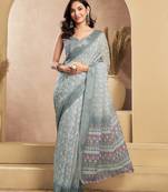 Grey digital printed linen ready to wear designer saree with unstitched blouse