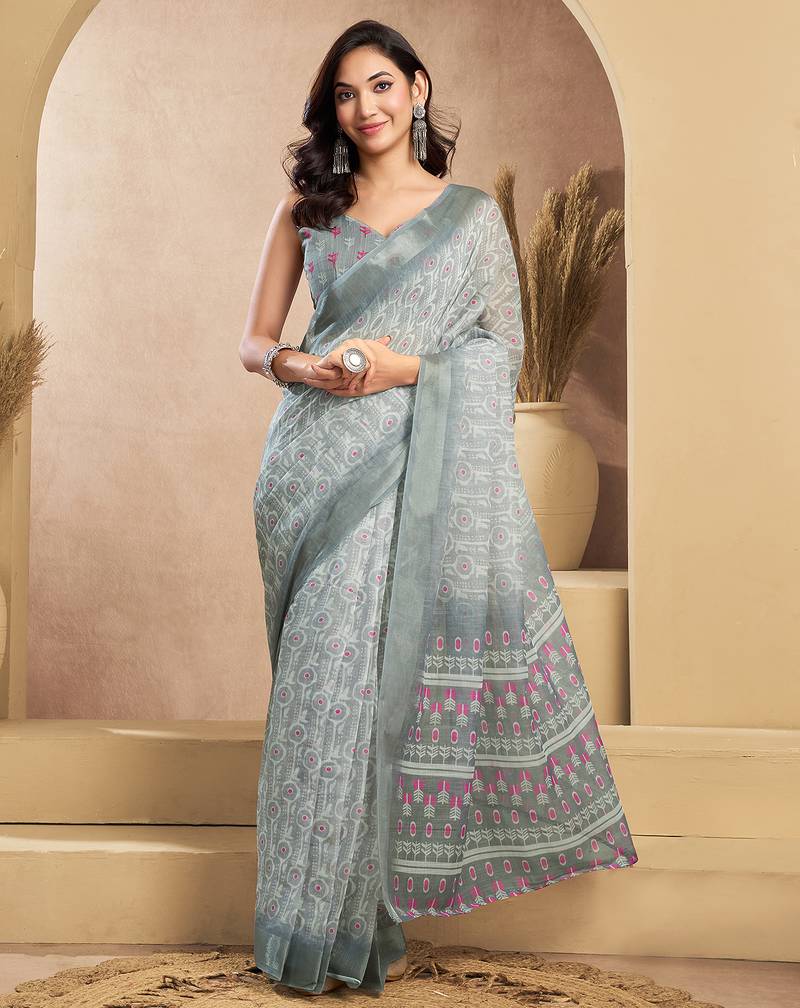 Grey digital printed linen ready to wear designer saree with unstitched blouse