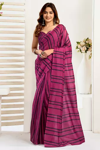 Magenta digital printed linen ready to wear designer saree with unstitched blouse
