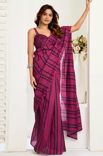 Magenta digital printed linen ready to wear designer saree with unstitched blouse