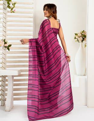 Magenta digital printed linen ready to wear designer saree with unstitched blouse 4