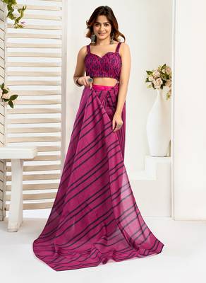 Magenta digital printed linen ready to wear designer saree with unstitched blouse 5