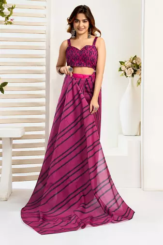Magenta digital printed linen ready to wear designer saree with unstitched blouse