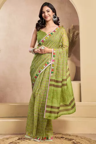 Mehendi digital printed linen ready to wear designer saree with unstitched blouse