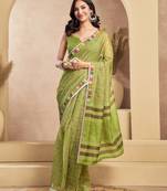 Mehendi digital printed linen ready to wear designer saree with unstitched blouse