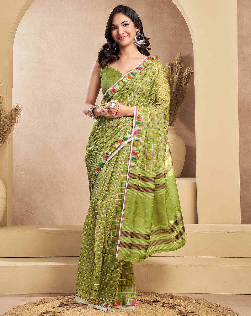 Mehendi digital printed linen ready to wear designer saree with unstitched blouse