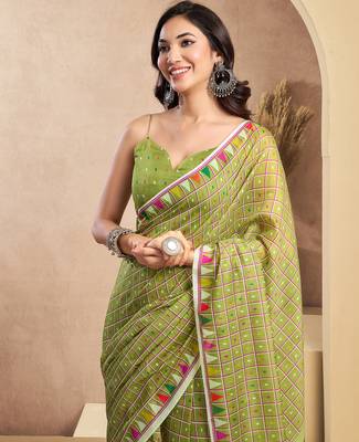 Mehendi digital printed linen ready to wear designer saree with unstitched blouse 3