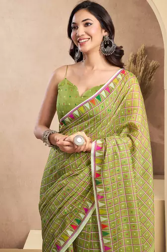 Mehendi digital printed linen ready to wear designer saree with unstitched blouse