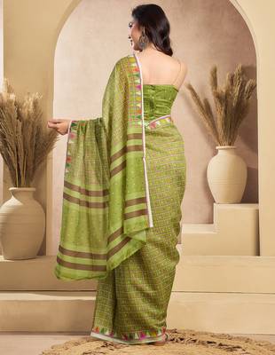 Mehendi digital printed linen ready to wear designer saree with unstitched blouse 4