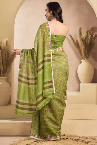 Mehendi digital printed linen ready to wear designer saree with unstitched blouse