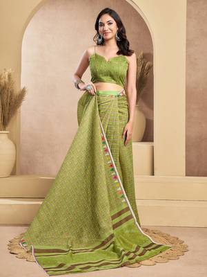 Mehendi digital printed linen ready to wear designer saree with unstitched blouse 5