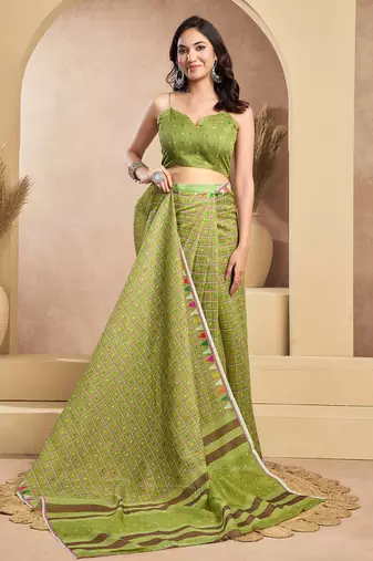 Mehendi digital printed linen ready to wear designer saree with unstitched blouse