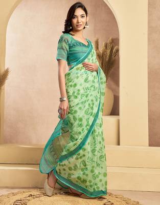 Mint green digital printed linen ready to wear designer saree with unstitched blouse 3