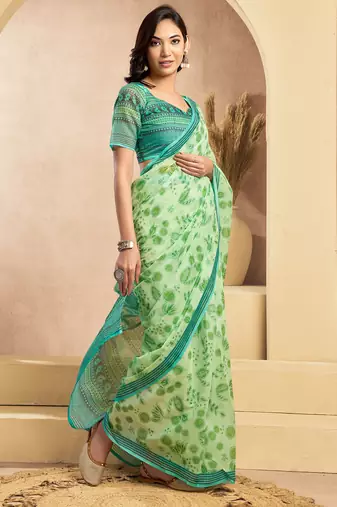 Mint green digital printed linen ready to wear designer saree with unstitched blouse