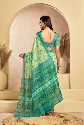 Mint green digital printed linen ready to wear designer saree with unstitched blouse 4