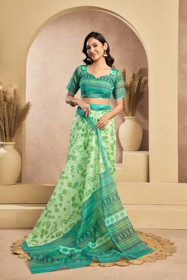 Mint green digital printed linen ready to wear designer saree with unstitched blouse 5