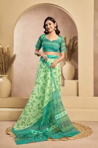 Mint green digital printed linen ready to wear designer saree with unstitched blouse