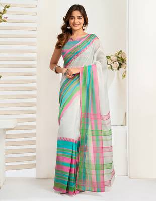 Multicolor digital printed linen ready to wear designer saree with unstitched blouse 1