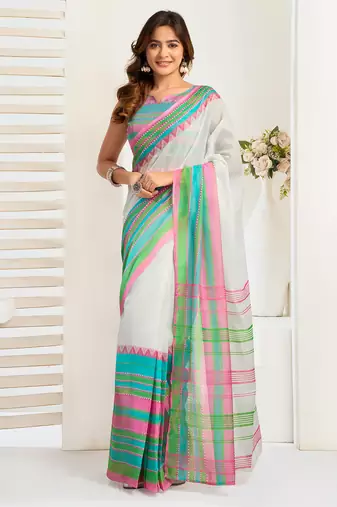 Multicolor digital printed linen ready to wear designer saree with unstitched blouse