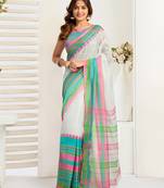 Multicolor digital printed linen ready to wear designer saree with unstitched blouse