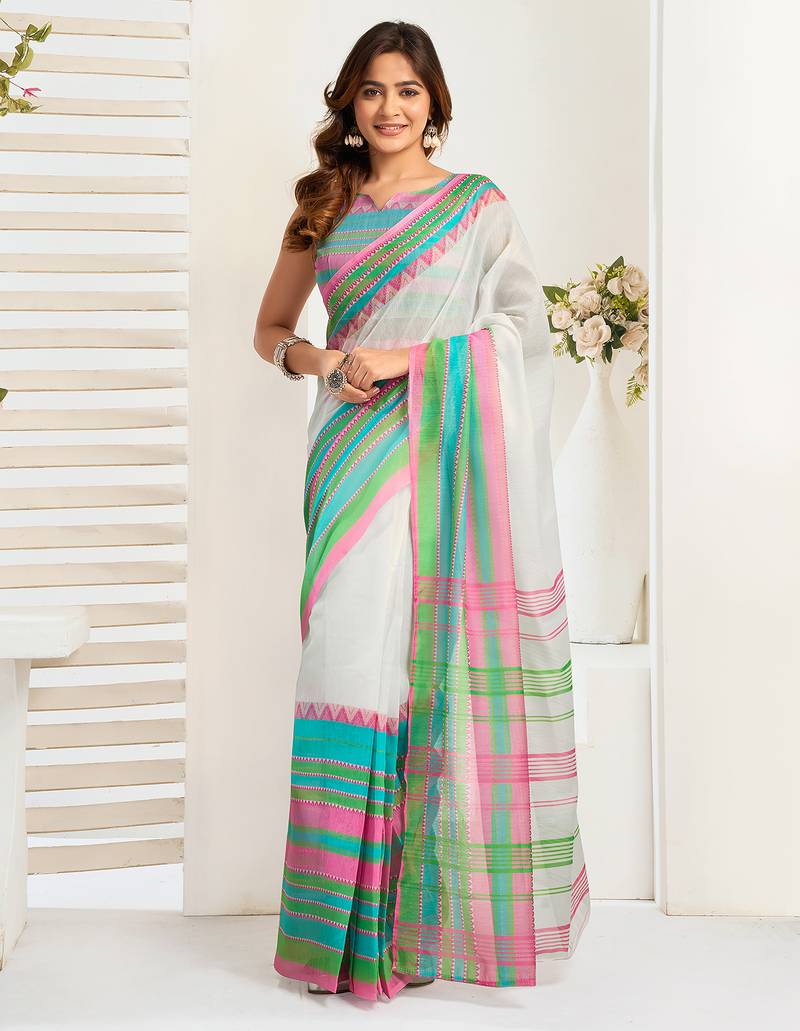 Multicolor digital printed linen ready to wear designer saree with unstitched blouse