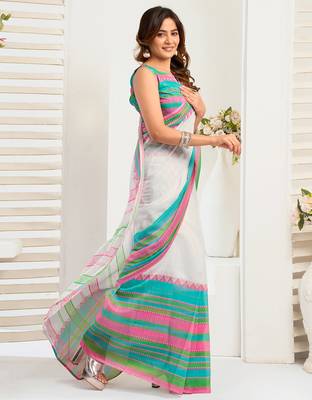 Multicolor digital printed linen ready to wear designer saree with unstitched blouse 3
