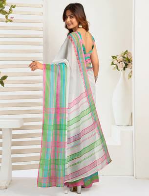 Multicolor digital printed linen ready to wear designer saree with unstitched blouse 4