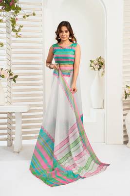 Multicolor digital printed linen ready to wear designer saree with unstitched blouse 5