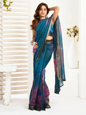 Teal digital printed linen ready to wear designer saree with unstitched blouse 1