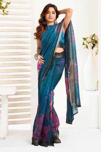 Teal digital printed linen ready to wear designer saree with unstitched blouse