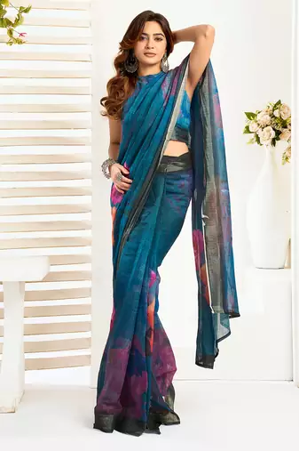 Teal digital printed linen ready to wear designer saree with unstitched blouse