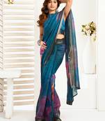 Teal digital printed linen ready to wear designer saree with unstitched blouse