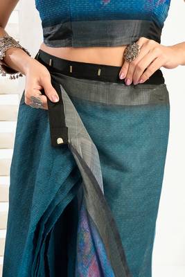 Teal digital printed linen ready to wear designer saree with unstitched blouse 2