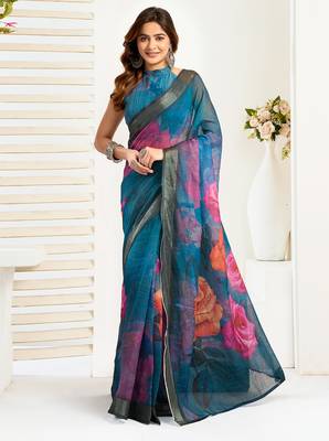 Teal digital printed linen ready to wear designer saree with unstitched blouse 3