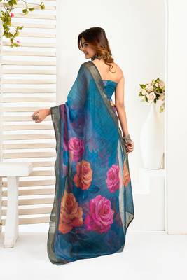Teal digital printed linen ready to wear designer saree with unstitched blouse 4