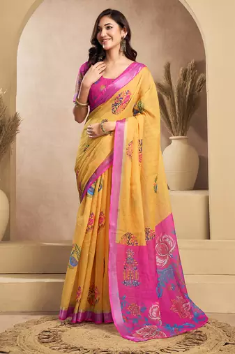 Mustard digital printed linen ready to wear designer saree with unstitched blouse