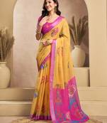 Mustard digital printed linen ready to wear designer saree with unstitched blouse