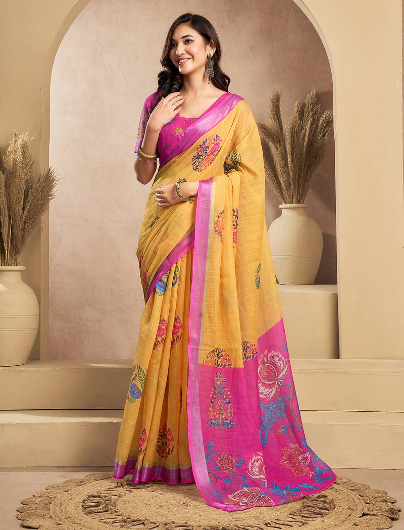 Mustard digital printed linen ready to wear designer saree with unstitched blouse