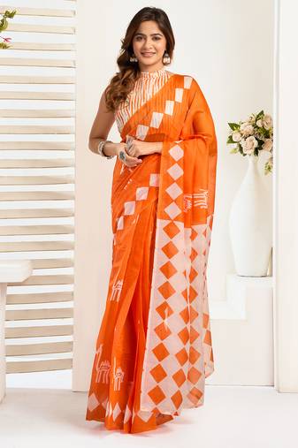 Orange digital printed linen ready to wear designer saree with unstitched blouse