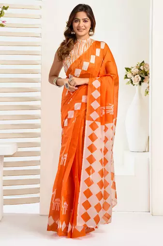 Orange digital printed linen ready to wear designer saree with unstitched blouse