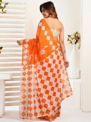 Orange digital printed linen ready to wear designer saree with unstitched blouse 4