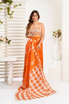 Orange digital printed linen ready to wear designer saree with unstitched blouse 5